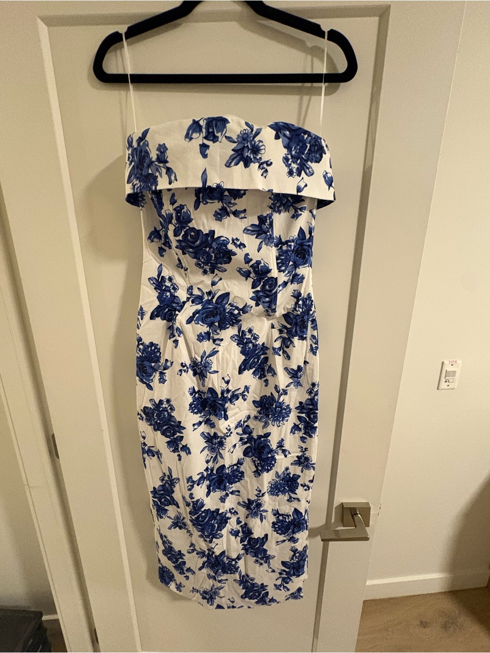 MABLE White Strapless Sheath Dress with Blue Floral Print